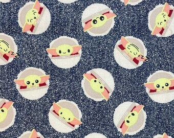 Grogu Star Wars Fabric – Mandalorian Denim Look, 100% Cotton