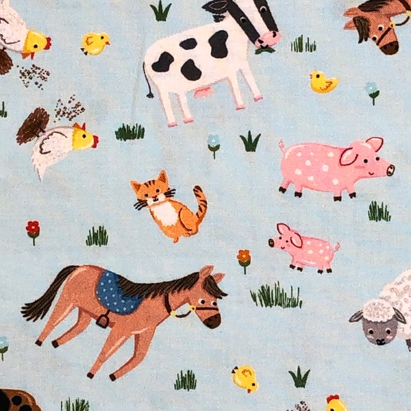 Barnyard Animals Light Blue- Down on the Farm by Michael Miller Fabrics - 100% Cotton - Cut to Size