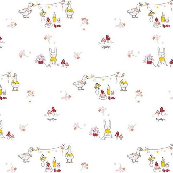Hidden Cottage Fabric - Rabbit Fabric -Duck Fabric - White Fabric - Minki Kim Fabric - Riley Blake Fabric - 100% Cotton - Fabric by the Yard