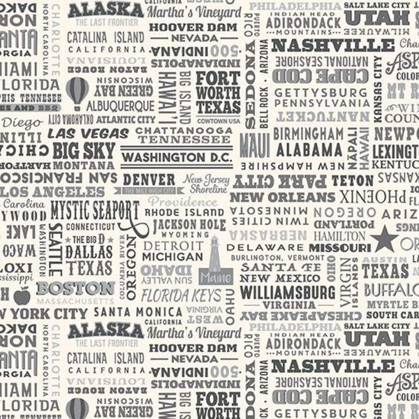 Destinations USA Places Text Fabric - by Anderson Design Group for Riley Blake - Word Fabric - 100% Quilting Cotton - Low Volume Fabric