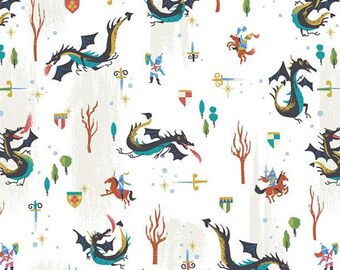 Little Brier Rose Dragons White Sparkle by Jill Howarth for Riley Blake - 100% Quilting Cotton - Sleeping Beauty