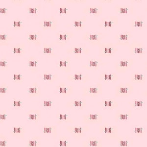 May include: A repeating pattern on a light pink background. The pattern consists of small, rectangular blocks, each containing vertical red lines and a small green element. The design is evenly spaced across the surface.