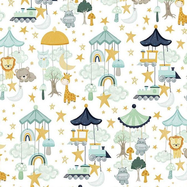 It's a Boy Mobiles White by Riley Blake - Baby Boy Quilt Fabric - Baby Boy Gift - Nursery Fabric - Cut by the Yard - 100% Quilting Cotton