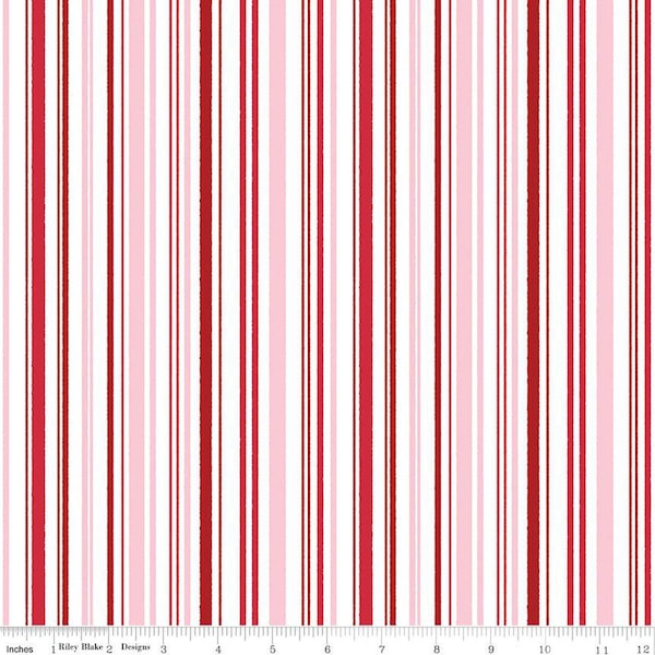 Christmas Candy Cane Striped Fabric - Pink, Red, White Stripe Fabric - Christmas with Scaredy Cat by Riley Blake - 100% Quilting Cotton