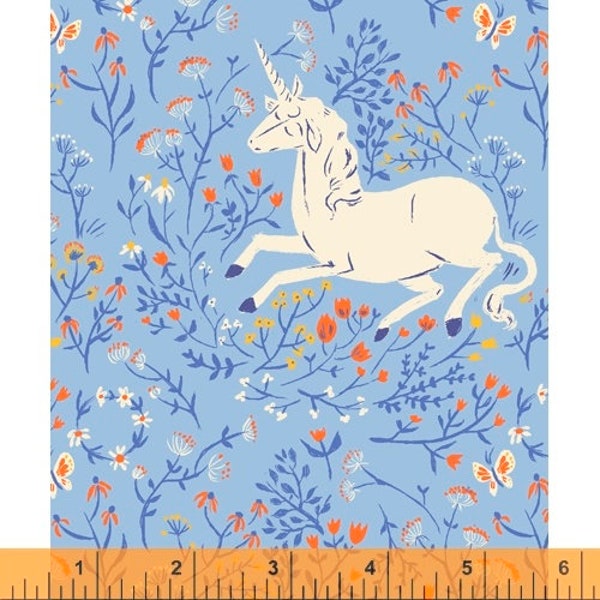 Heather Ross - Unicorn on Blue - 20th Anniversary Collection by Windham Fabrics - Cut to Size - 100% Cotton
