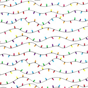 May include: A repeating pattern of black lines with colorful Christmas lights. The lights are in various colors, including red, yellow, green, blue, and purple. The background is white.