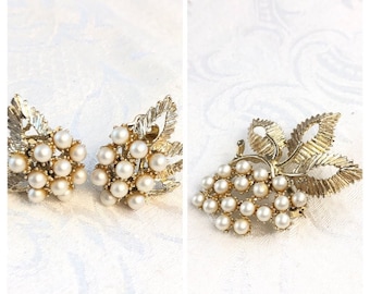 Vintage BSK Gold tone FAux Pearl Grape Cluster Earrings and Brooch Pin Clip on Earrings Signed