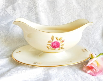 Vintage Lenox Rhodora Gravy Boat attached plate Pink Fine Bone China Plates Gold Pink Rose Dessert Tea Cottage Chic Shabby Made In the USA