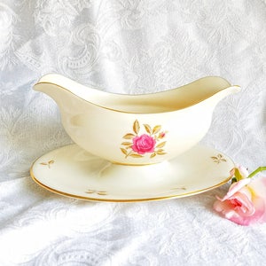 Vintage Lenox Rhodora Gravy Boat attached plate Pink Fine Bone China Plates Gold Pink Rose Dessert Tea Cottage Chic Shabby Made In the USA