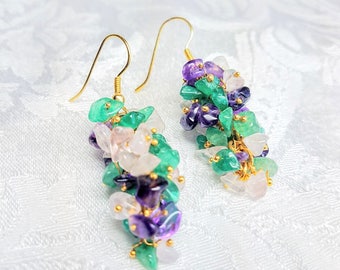 Vintage Natural Stone Cluster Earrings, Rose Quartz, Jade? and Amethyst Dangle Earrings, Costume Jewelry Chunky Pink Purple Green Jewelry