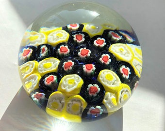 Vintage Art Glass Murano Paperweight, Millifiore Black red Yellow cane Hand Blown Glass Paper weight, Murano Sticker