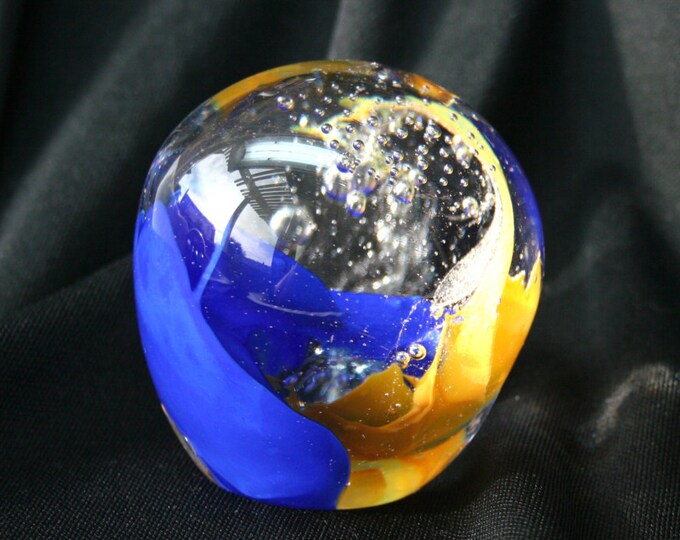 Vintage Art Glass Paperweight Blue and Yellow Hand Blown Etsy