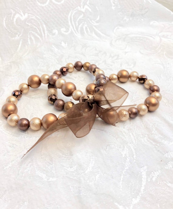 Vintage Brown Bronze Beaded Elastic Bracelet With Ribbon, Strand