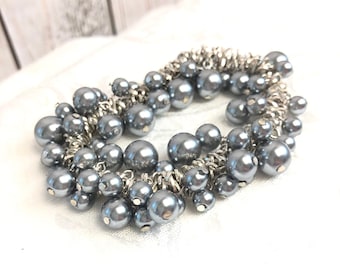 Vintage steel Gray Faux Black Pearl Beaded Silver tone flexible Stretchy Chunky Bracelet costume Jewelry Vintage