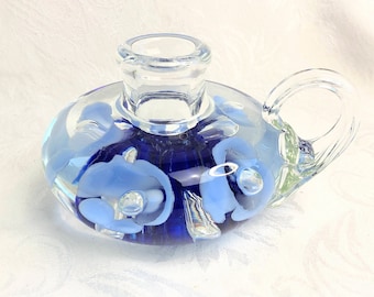 Vintage Joe St. Clair Art Glass Blue Floral Paperweight Candle Holder Hand blown Bubble Clear Cobalt Light Blue Flower  Housewarming Gift