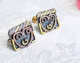 Vintage Copper Brass Face Screw Back Earrings Funky Face Enamel Brass Copper Clip on Earrings Artist Unique Jewelry Hand crafted Bronze