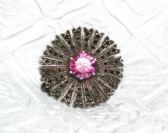 Vintage Art Deco Marcasite Sterling Silver Pin, Pink and Silver Marcasite Brooch, Pink Glass and Marcasite Flower pin Sunburst Marcasite pin