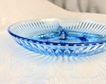 Vintage Blue Glass Kig Indonesia Sunburst Triple Divided Dish Relish Dish LIght Blue Ribbed  Serving Dish