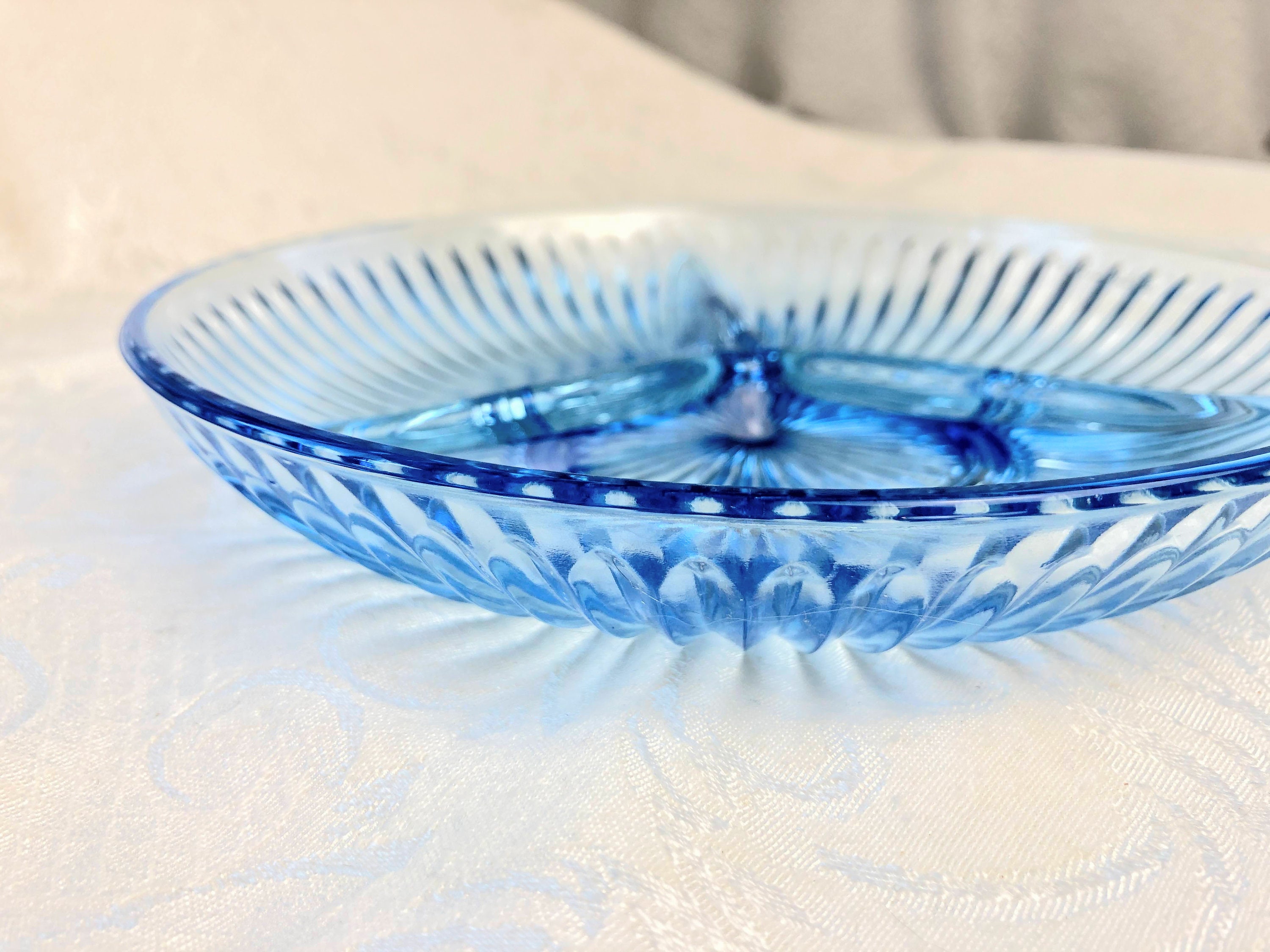 Vintage Blue Glass Kig Indonesia Sunburst Triple Divided Dish Relish Dish LIght Blue Ribbed  Serving Dish