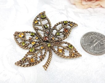 Vintage N R Avon Crystal Leaf Brooch Pin, Maple Leaf Pin yellow orange rhinestones, Autumn Jewelry Avon Fall Brooch Vintage Jewelry Costume