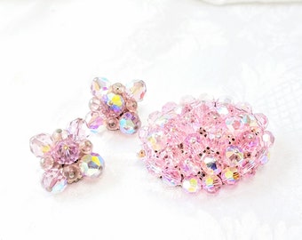 Vintage Pink Beaded Cluster Brooch Lavender AB Crystal Chunky Clip on Earrings, Vintage Flower Earrings  Bridal Starburst Clip On Jewelry