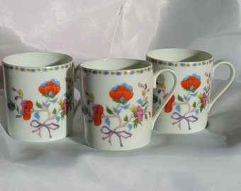 3 Vintage Porcelain Royale Limoges Tea cup Trio RoyaleLimoges Expresso Cups, Vintage Limoges Demitasse, Red Pink Floral Tea cup, Shabby Chic