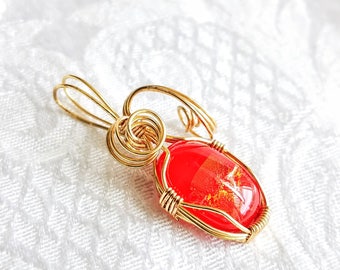 Vintage Orange Fused Glass Pendant with Gold Filled Swirl Wire work Retro Red Orange Glass Necklace, Vintage Handmade Dichroic Necklace Fire