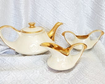 Vintage Pearl Company  Retro Tea Set Lustreware Teapot Coffee Pot Sugar Creamer, Art Deco teapot, Pearl Aladdin Teapot, Afternoon Tea,