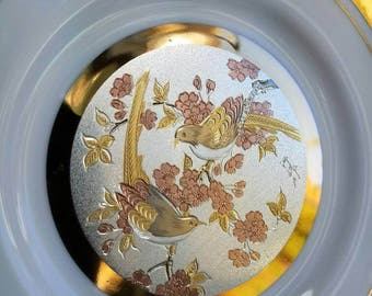 Vintage Chokin Bird Plate, White Silver Gold Bird Plate, Japanese Bird Plate, 24K Gold Gild Chokin Bird Collector's Plate, Etched Japanese