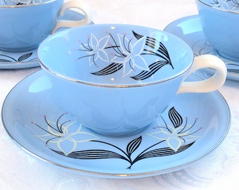 Vintage Skytone Marcia Homer Laughlin tea cup and saucer Lovely 1950s light sky blue with white flower mid century modern tea party