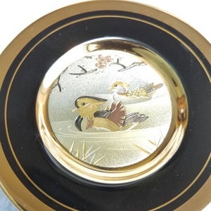 Vintage Chokin Duck Plate, Black Silver Gold Bird Plate, Japanese Bird Plate, 24K Gold Gild Chokin Bird Collector&#39;s Plate, Etched Japanese