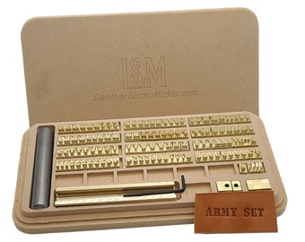 Army Alphabet Stamp Set • 1/4 Tall  (133 piece set) • Upper Case • Handle Included • Made in USA • Brass • Leatherwork • Branding •