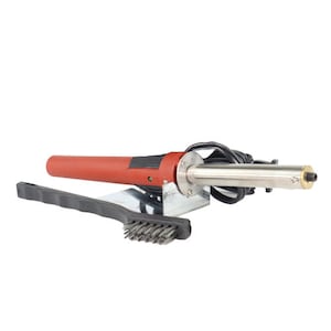 May include: A red and black electric soldering iron with a wire brush attachment. The soldering iron has a black handle and a silver metal tip. The wire brush is black with a silver metal brush head.