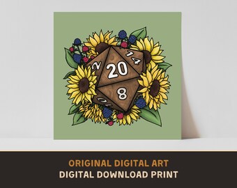 Sunflower D20 Poster - Original Art Print - DIGITAL DOWNLOAD - D&D Dungeons and Dragons DnD Dice