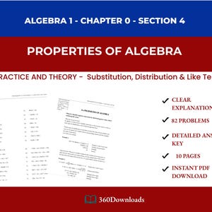 May include: A digital educational resource titled "Algebra 1 - Chapter 0 - Section 4: Properties of Algebra." The document includes practice problems, clear explanations, a detailed answer key, and is available as an instant PDF download.