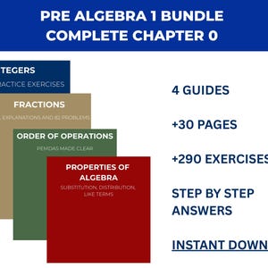 Può includere: Un pacchetto digitale Pre Algebra 1 con il capitolo 0 completo. Il pacchetto include 4 guide, oltre 30 pagine e oltre 290 esercizi. Gli argomenti includono interi, frazioni, ordine delle operazioni e proprietà dell'algebra. Download istantaneo.
