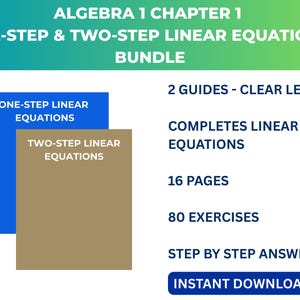 Op de afbeelding: Een digitale bundel voor Algebra 1 Hoofdstuk 1, gericht op lineaire vergelijkingen met één en twee stappen. De afbeelding toont twee gidsen, een blauwe en een bruine, met de titels "Lineaire vergelijkingen met één stap" en "Lineaire vergelijkingen met twee stappen". Bevat 16 pagina's, 80 oefeningen.