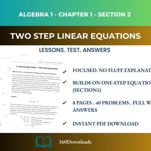 Op de afbeelding: Een digitale educatieve bron getiteld "Algebra 1 - Hoofdstuk 1 - Sectie 2" met de tekst "Tweestaps lineaire vergelijkingen". De bron bevat lessen, toetsen en antwoorden, met gerichte uitleg en uitgewerkte problemen. Directe PDF-download.
