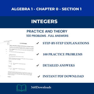 以下が含まれることがあります： 代数1、第0章、セクション1のデジタル教育リソースで、整数に焦点を当てています。画像には「Integers」のタイトルが表示され、「Practice and Theory」と「100 Problems. Full Answers」のテキストが表示されます。ステップバイステップの説明、練習問題、詳細な回答が含まれています。