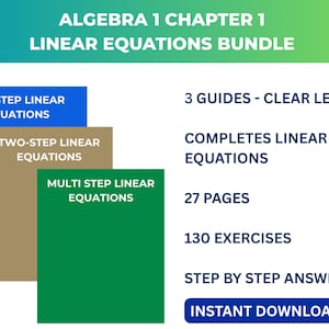 Könnte beinhalten: Algebra 1 Kapitel 1 Lineare Gleichungen Bundle. Enthält Anleitungen für ein-, zwei- und mehrstufige lineare Gleichungen. Mit 3 Anleitungen, 27 Seiten, 130 Übungen und Schritt-für-Schritt-Antworten. Sofortiger Download.