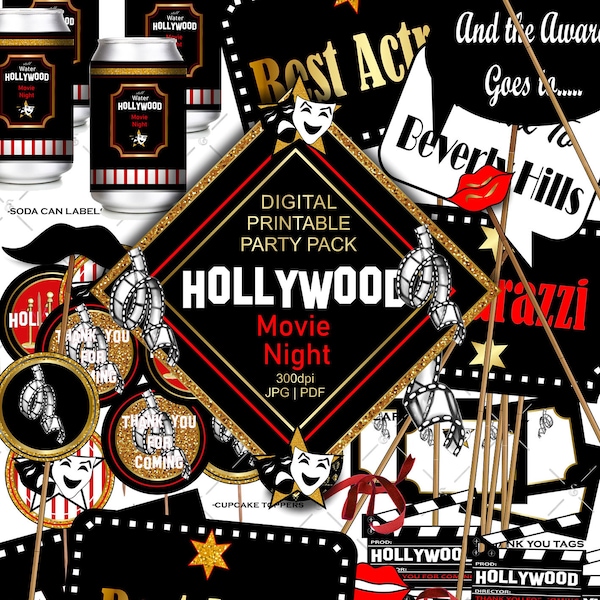 Hollywood Movie Night. Printable Party Set.Academy Awards Party Package.Gold and Red. Sparkly designs.Digital|label|bags|tags|signs|Props.