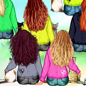 Pacote de Clip Art de Melhor Amigo para Amantes de Gatos. Clipart pintado à mão. Clipart personalizado adicional. Penteados fofos, moletons, jeans, 12 gatos. Retrato de animal de estimação