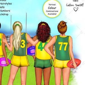Australian Regels Football BFF Kundenspezifisches Clipart-Bundle. Frauen Footy. Benutzerdefinierte Haut und Haare.Sportmode,Jerseys,Shorts,Socken,Bälle,Hintergrund