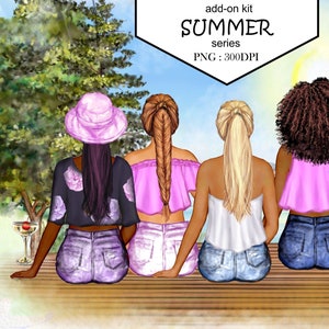 Beste vriend-clipart|Casual ZOMERmodestijl|Aangepaste clipart|Besties|kapsels|Denim jeans|tekst|Tops|4 huidtinten|Vrijgezellin|Handgetekende