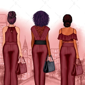 Conjunto de imágenes prediseñadas personalizadas de trajes de pantalón de color GRANATE para damas mejores amigas. Cabello y piel personalizados. Elementos de imágenes prediseñadas PNG pintados a mano