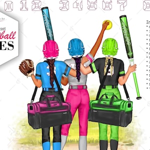 Softball Best Friend Besties Custom Clipart Bundle.Custom Hair Skin.Softball Fashion,bats,helmets, mitten, balls,text,alphabet,numbers png