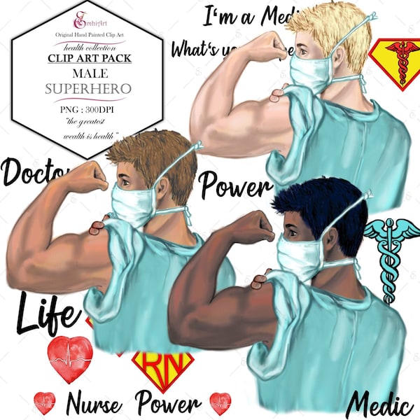 Medic, Male Nurse, Doctor Power Clip Art Pack. Superhero  Heathcare worker in SCRUBS. Powerful. Motivational Healthcare Pack. 3 Skin tones.