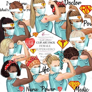 NURSE, Doctor, Medic Superhero  POWER Clipart Pack.Healthcare worker.Motivational.3 Skin tones.Text.Hairstyles.Custom yourself.Superwoman