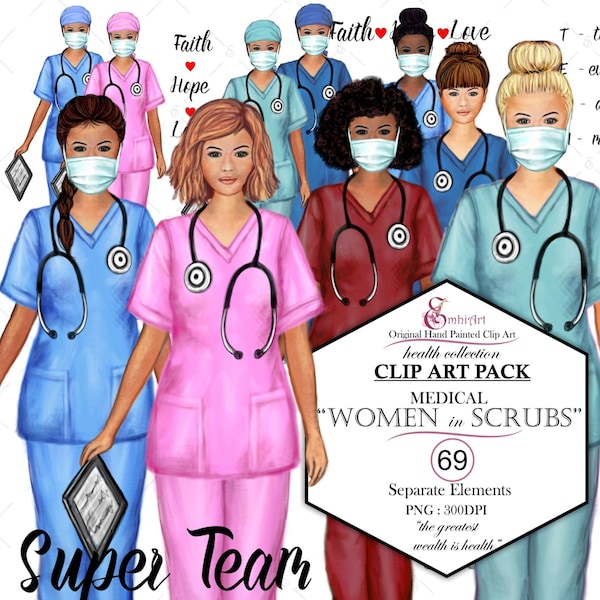 Women in Scrubs Clip Art Kit. Nurse  Doctor custom clipart.Cap.Nurse Uniform.Medical Scrubs.4 Skin tones.text