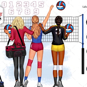 Besties Volley Ball Custom Clip Art Bundle.Haut, Haare, Volley Ball fashion.Netz, Bälle, Knieschützer, Trikots, Shorts, Socken